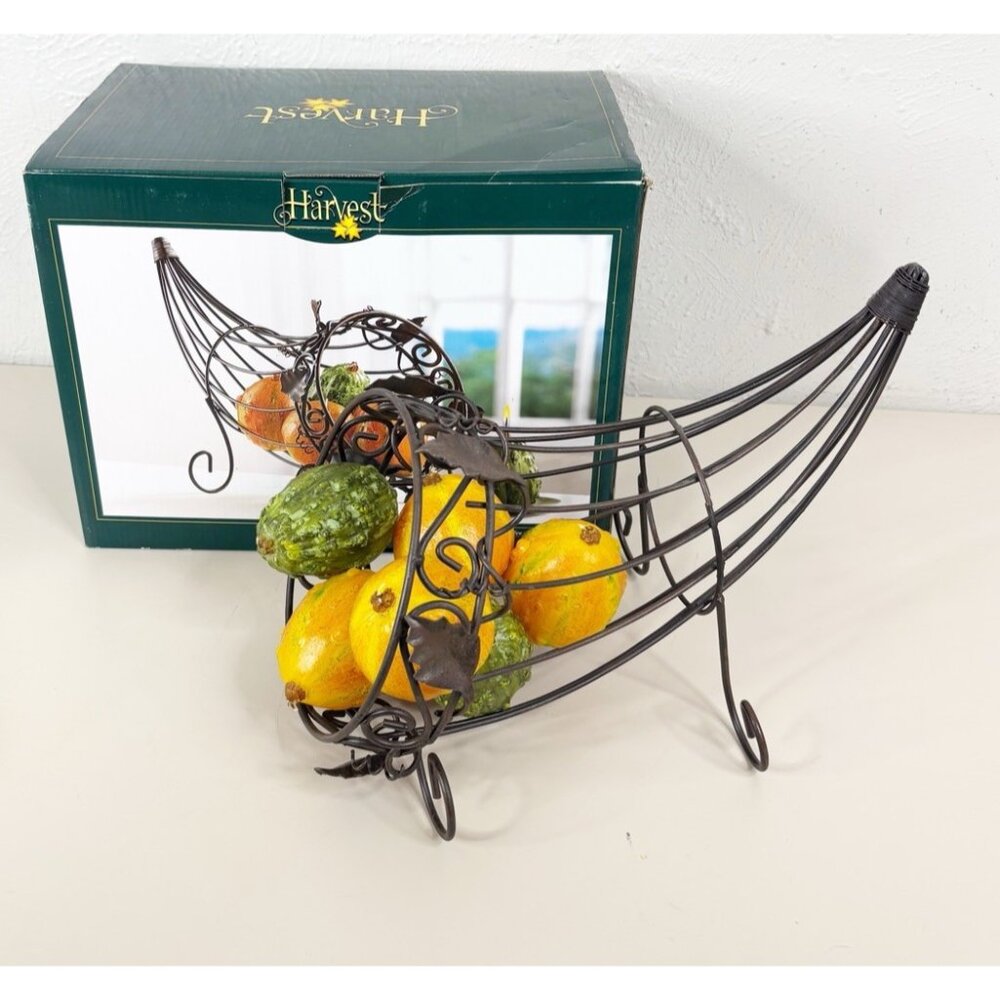 VTG Harvest Metal Cornucopia Candle Basket Tabletop Thanksgiving Display New